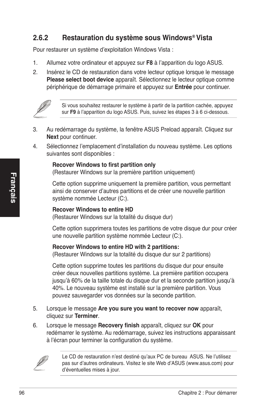 Français, 2 restauration du système sous windows, Vista | Asus BS5000 User Manual | Page 97 / 162