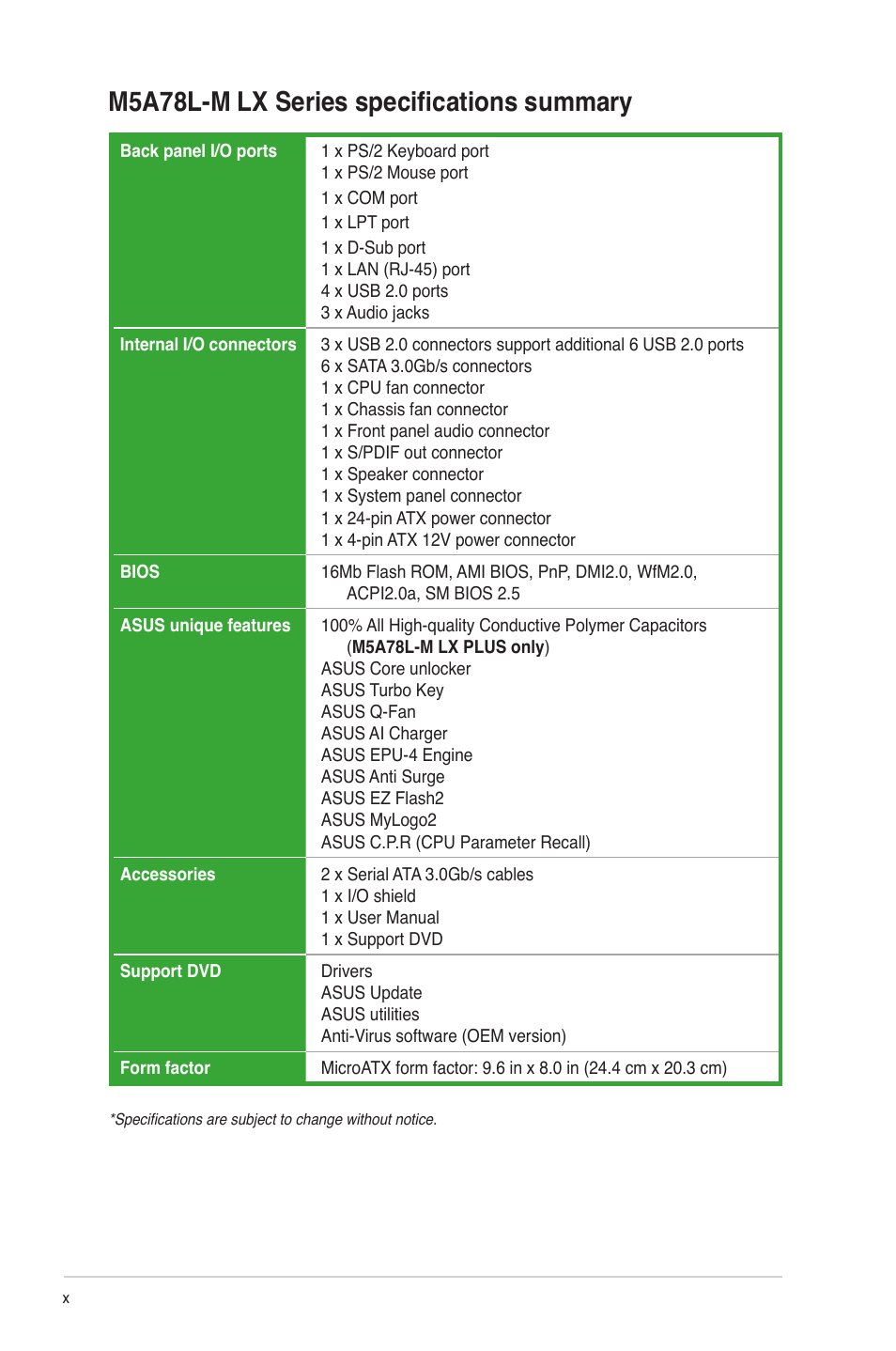 M5a78l-m lx series specifications summary | Asus M5A78L-M LX V2 User Manual | Page 10 / 64