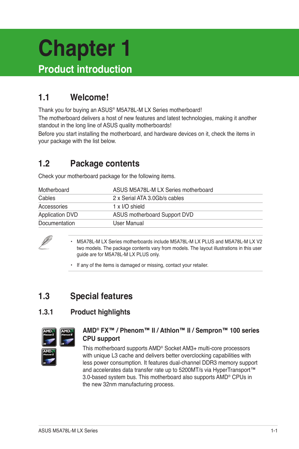 Chapter 1, Product introduction, 1 welcome | 2 package contents, 3 special features, 1 product highlights, Welcome! -1, Package contents -1, Special features -1 1.3.1, Product highlights -1 | Asus M5A78L-M LX V2 User Manual | Page 11 / 64