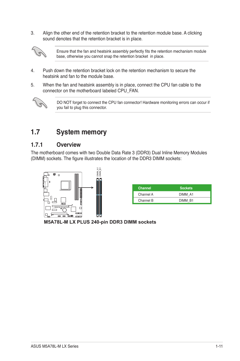 7 system memory, 1 overview, System memory -11 1.7.1 | Overview -11 | Asus M5A78L-M LX V2 User Manual | Page 21 / 64