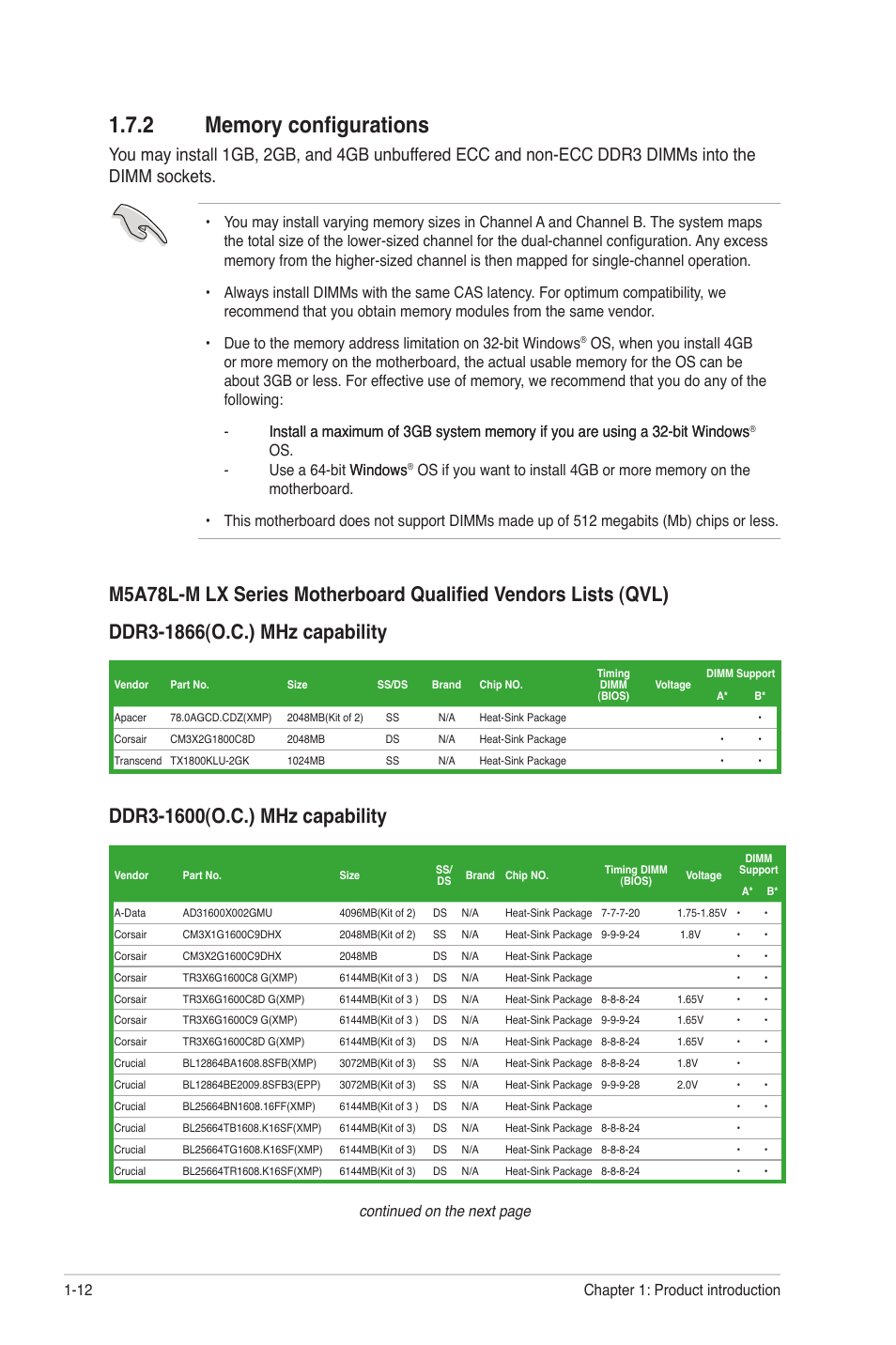 2 memory configurations, Memory configurations -12, Continued on the next page | Asus M5A78L-M LX V2 User Manual | Page 22 / 64