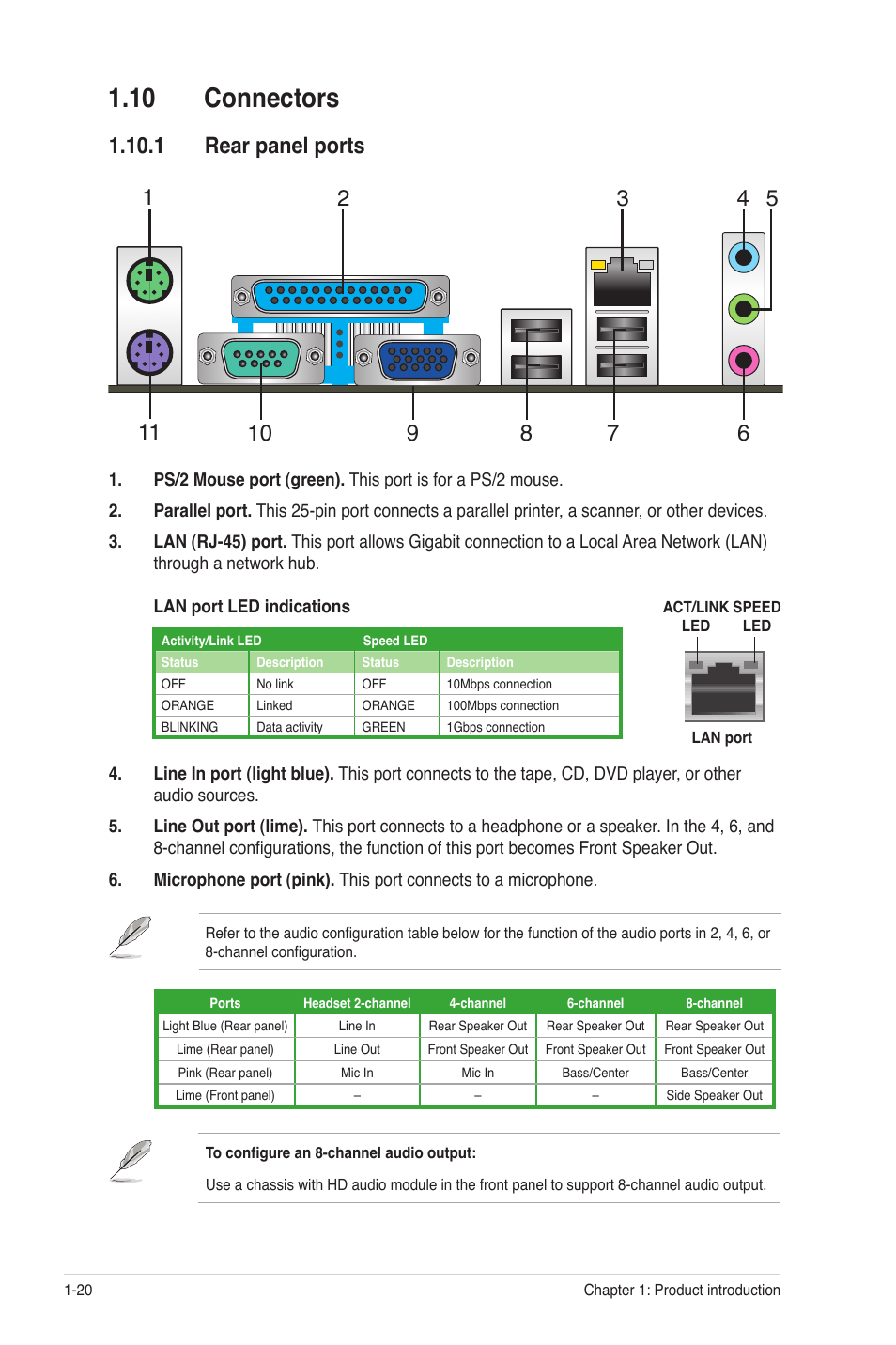 10 connectors, 1 rear panel ports, 10 connectors -20 | 1 rear panel ports -20 | Asus M5A78L-M LX V2 User Manual | Page 30 / 64
