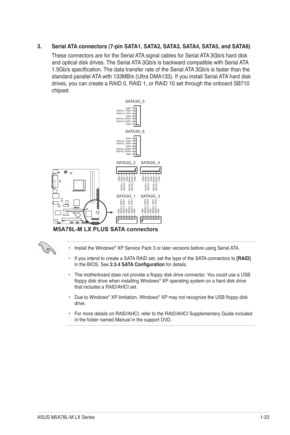 M5a78l-m lx plus sata connectors, Install the windows, Xp limitation, windows | Asus M5A78L-M LX V2 User Manual | Page 33 / 64