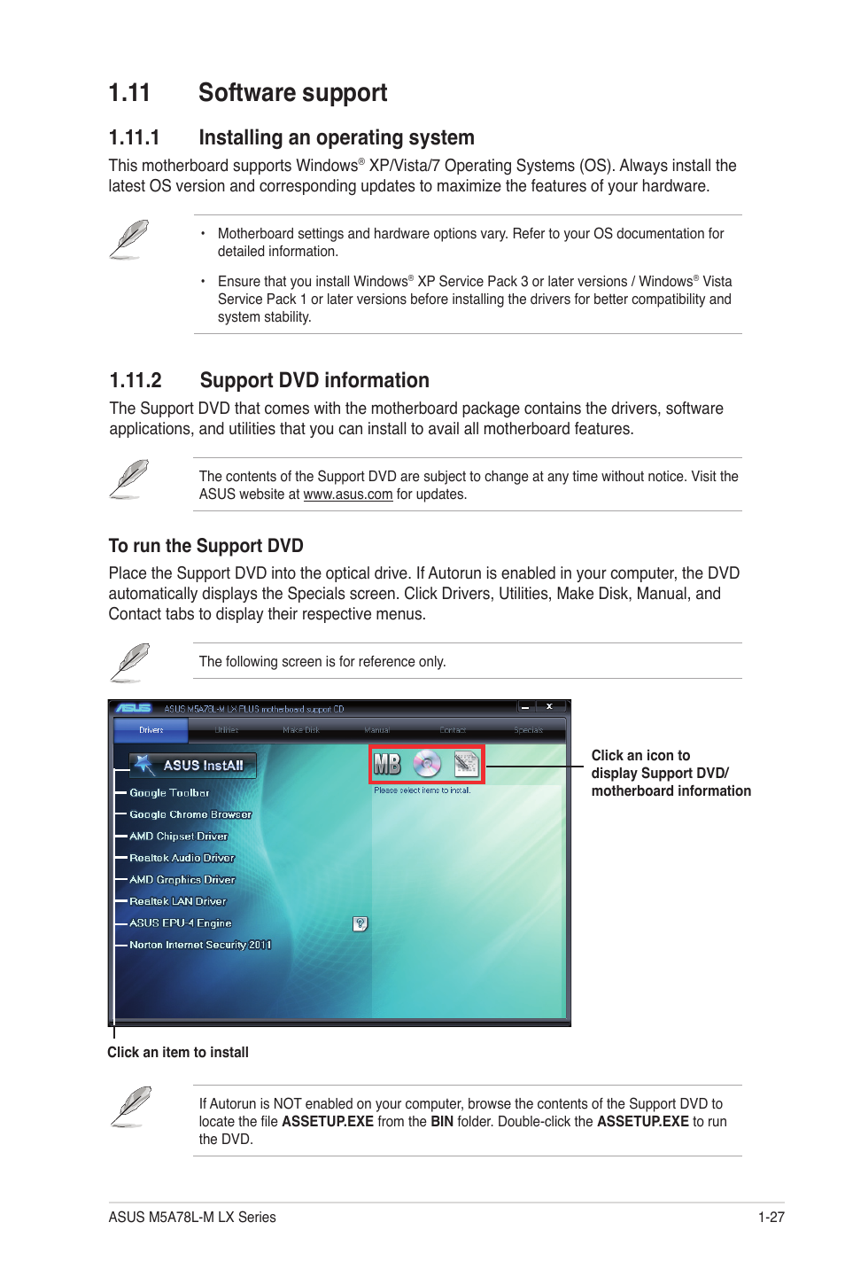 11 software support, 1 installing an operating system, 2 support dvd information | 11 software support -27 | Asus M5A78L-M LX V2 User Manual | Page 37 / 64