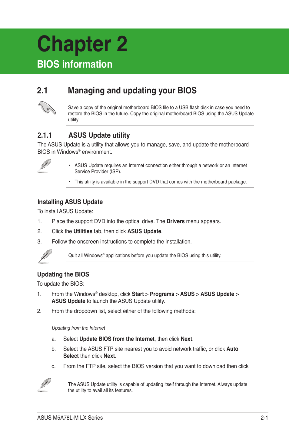 Chapter 2, Bios information, 1 managing and updating your bios | 1 asus update utility, Chapter 2: bios information, Managing and updating your bios -1 2.1.1, Asus update utility -1 | Asus M5A78L-M LX V2 User Manual | Page 39 / 64