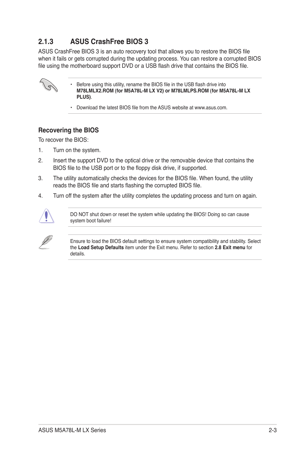 3 asus crashfree bios 3, Asus crashfree bios 3 -3 | Asus M5A78L-M LX V2 User Manual | Page 41 / 64