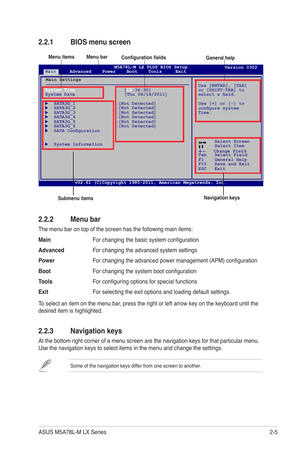 1 bios menu screen, 2 menu bar, 3 navigation keys | Bios menu screen -5, Menu bar -5, Navigation keys -5, 1 bios menu screen 2.2.2 menu bar | Asus M5A78L-M LX V2 User Manual | Page 43 / 64