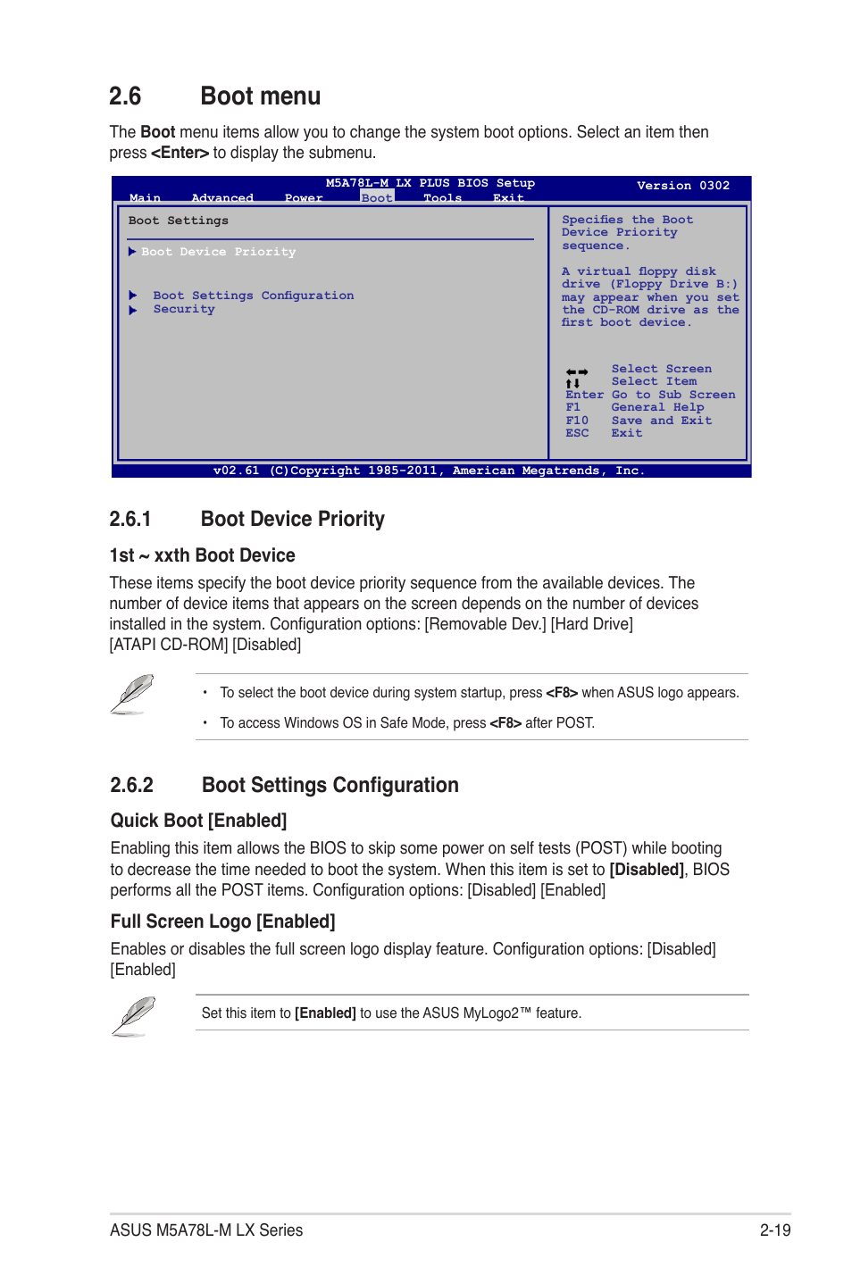 6 boot menu, 1 boot device priority, 2 boot settings configuration | Boot menu -19 2.6.1, Boot device priority -19, Boot settings configuration -19, 1st � xxth boot device, Quick boot [enabled, Full screen logo [enabled | Asus M5A78L-M LX V2 User Manual | Page 57 / 64