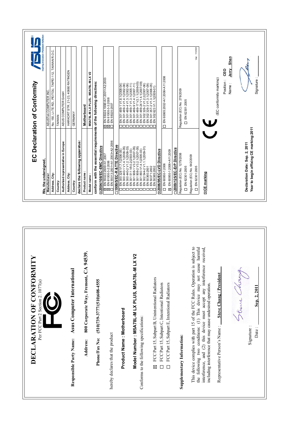 Declaration of conformity, Ec declaration of conformity, Asu s c om pu te r in te rn at io na l | Asus M5A78L-M LX V2 User Manual | Page 64 / 64