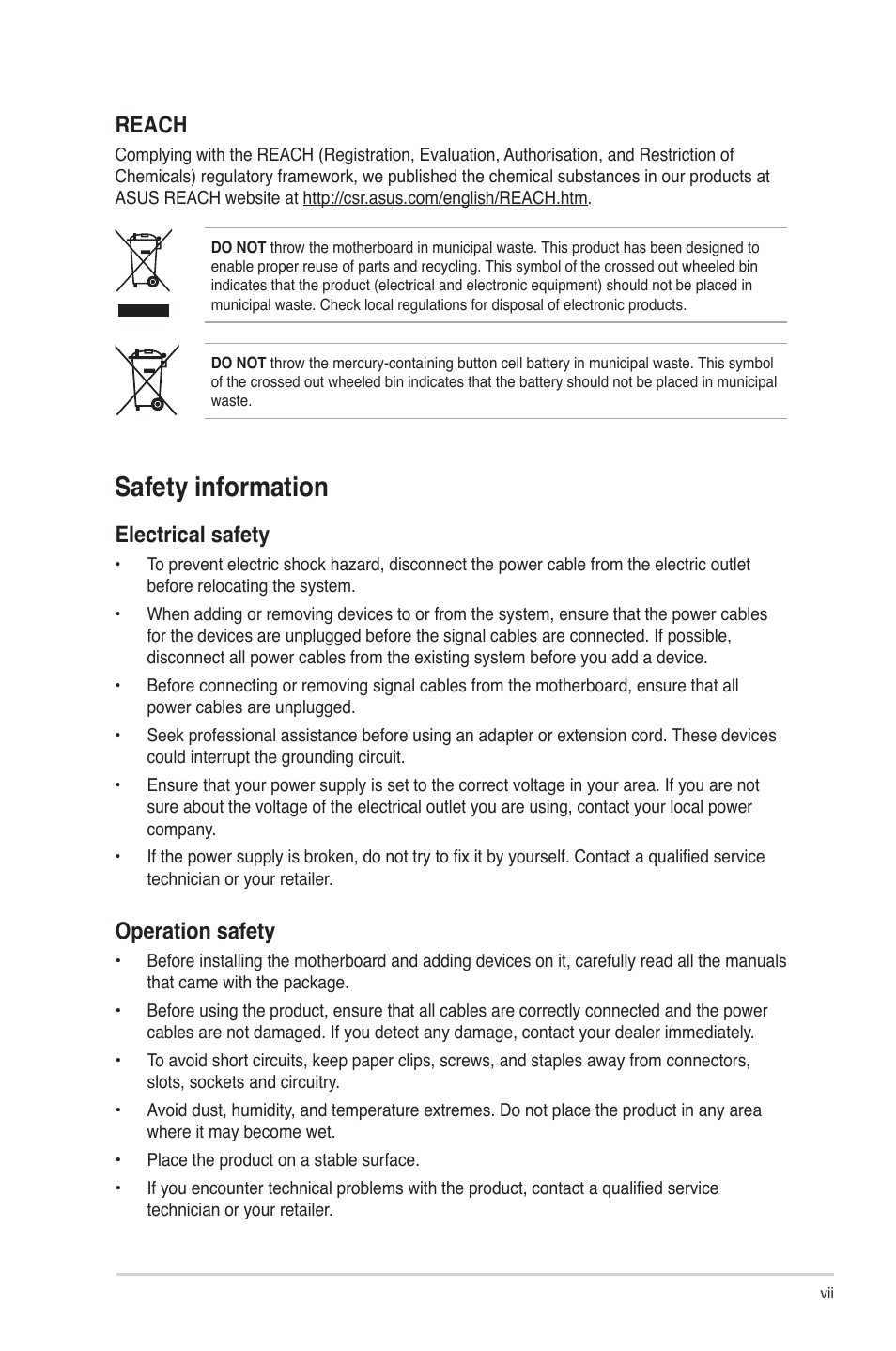 Safety information, Reach, Electrical safety | Operation safety | Asus M5A78L-M LX V2 User Manual | Page 7 / 64