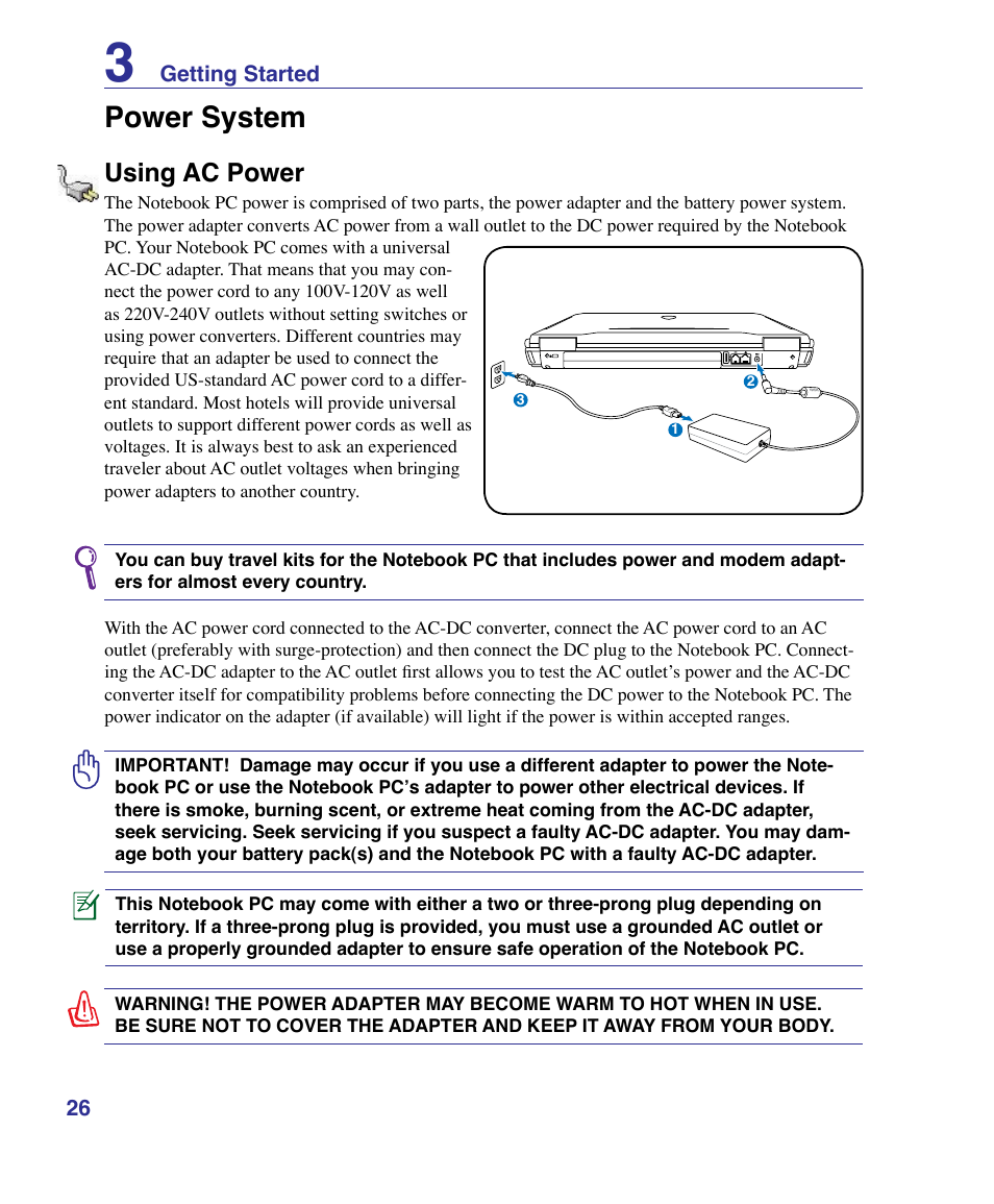 Power system, Using ac power | Asus G50VT User Manual | Page 26 / 99