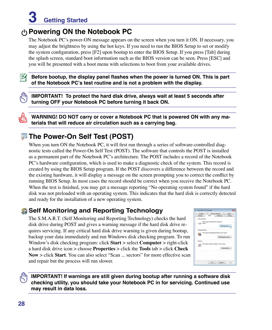 Powering on the notebook pc, The power-on self test (post) | Asus G50VT User Manual | Page 28 / 99