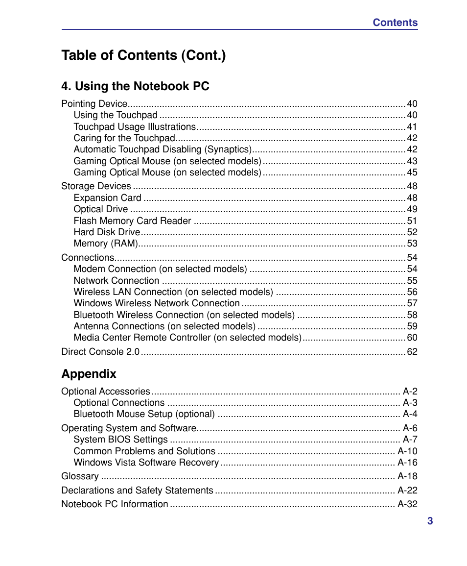 Table of contents (cont.), Appendix | Asus G50VT User Manual | Page 3 / 99