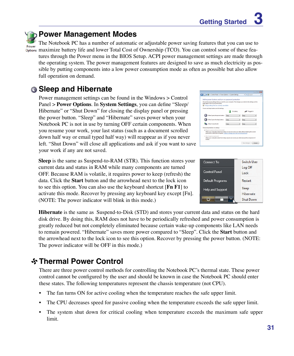 Power management modes, Sleep and hibernate, Thermal power control | Asus G50VT User Manual | Page 31 / 99