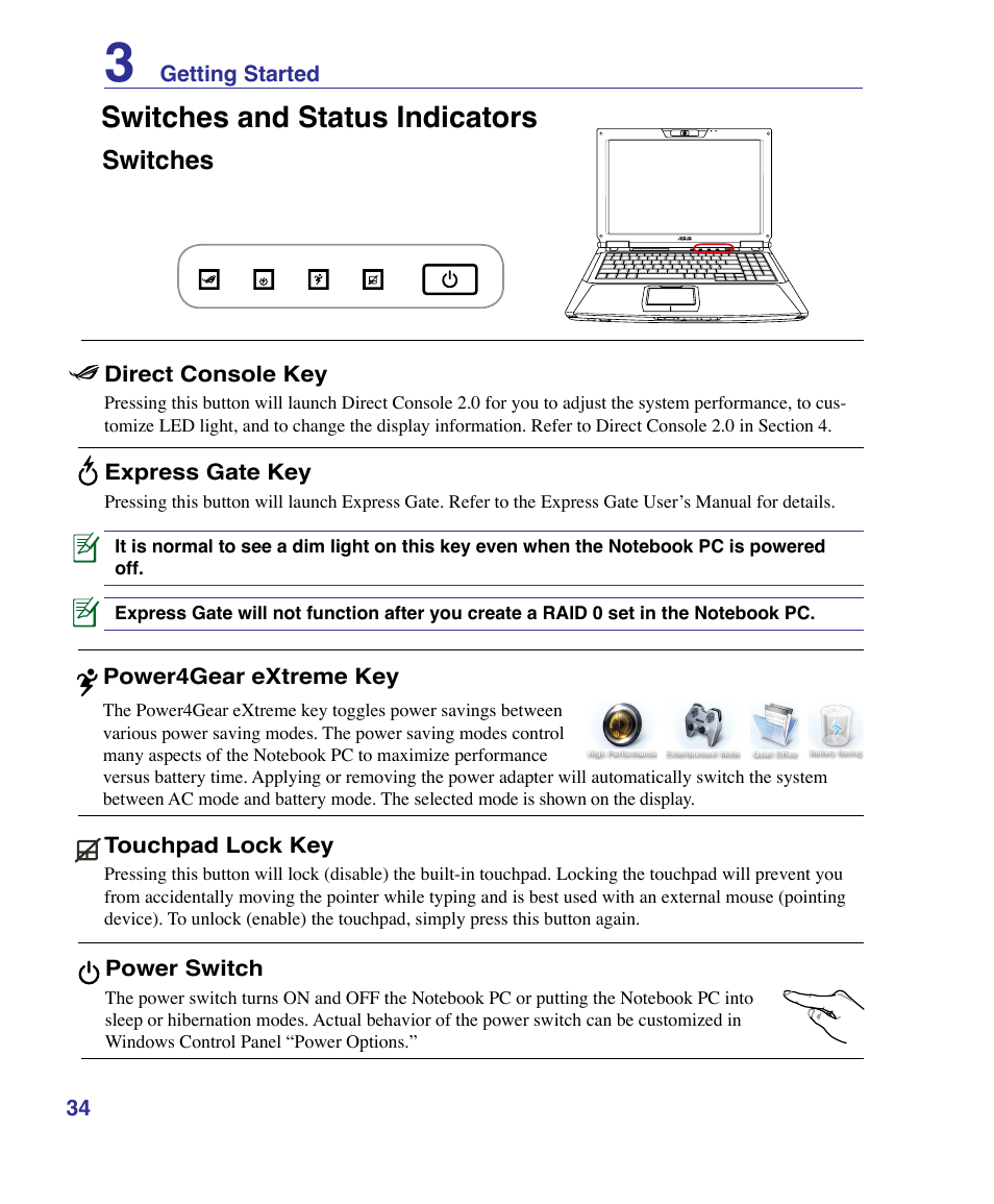 Switches and status indicators, Switches | Asus G50VT User Manual | Page 34 / 99