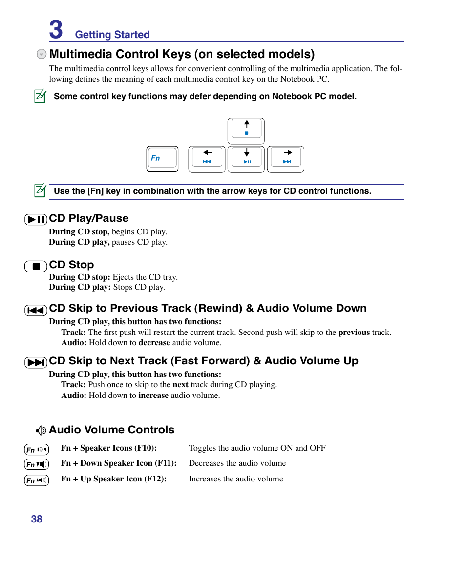 Multimedia control keys (on selected models) | Asus G50VT User Manual | Page 38 / 99