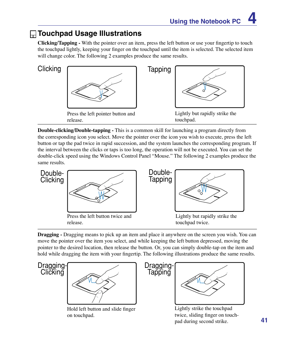 Touchpad usage illustrations, Dragging- clicking dragging- tapping | Asus G50VT User Manual | Page 41 / 99