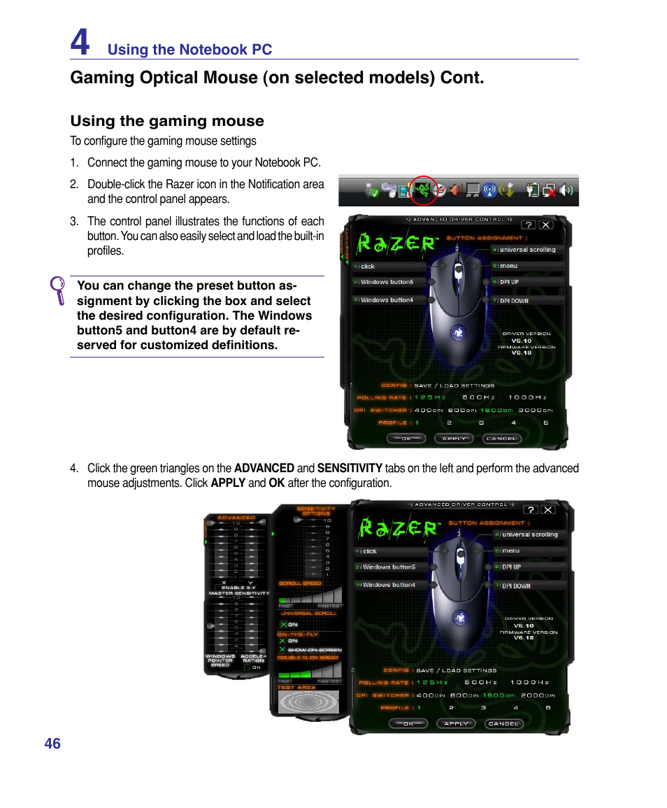 Gaming optical mouse (on selected models) cont | Asus G50VT User Manual | Page 46 / 99