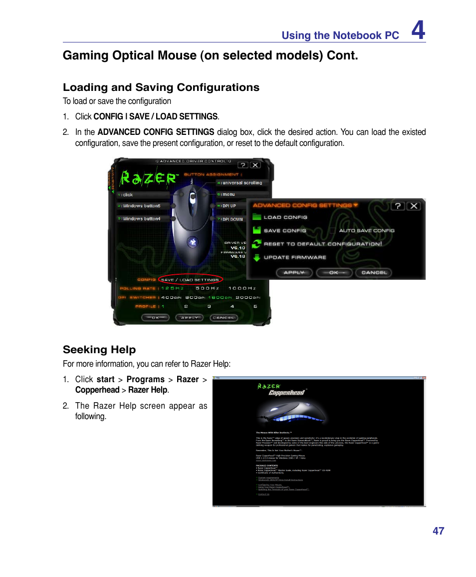 Gaming optical mouse (on selected models) cont | Asus G50VT User Manual | Page 47 / 99