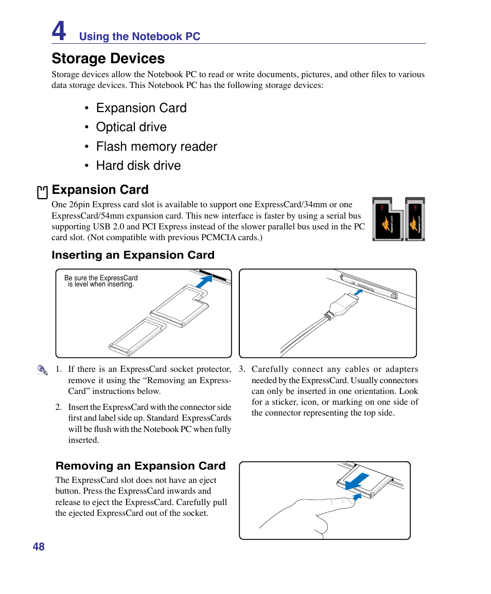 Storage devices, Expansion card | Asus G50VT User Manual | Page 48 / 99