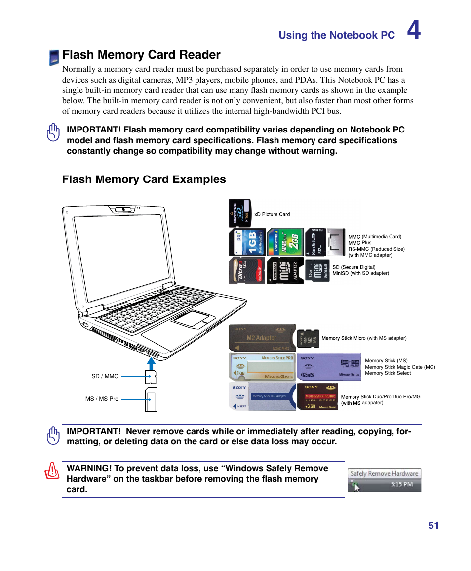 Flash memory card reader | Asus G50VT User Manual | Page 51 / 99