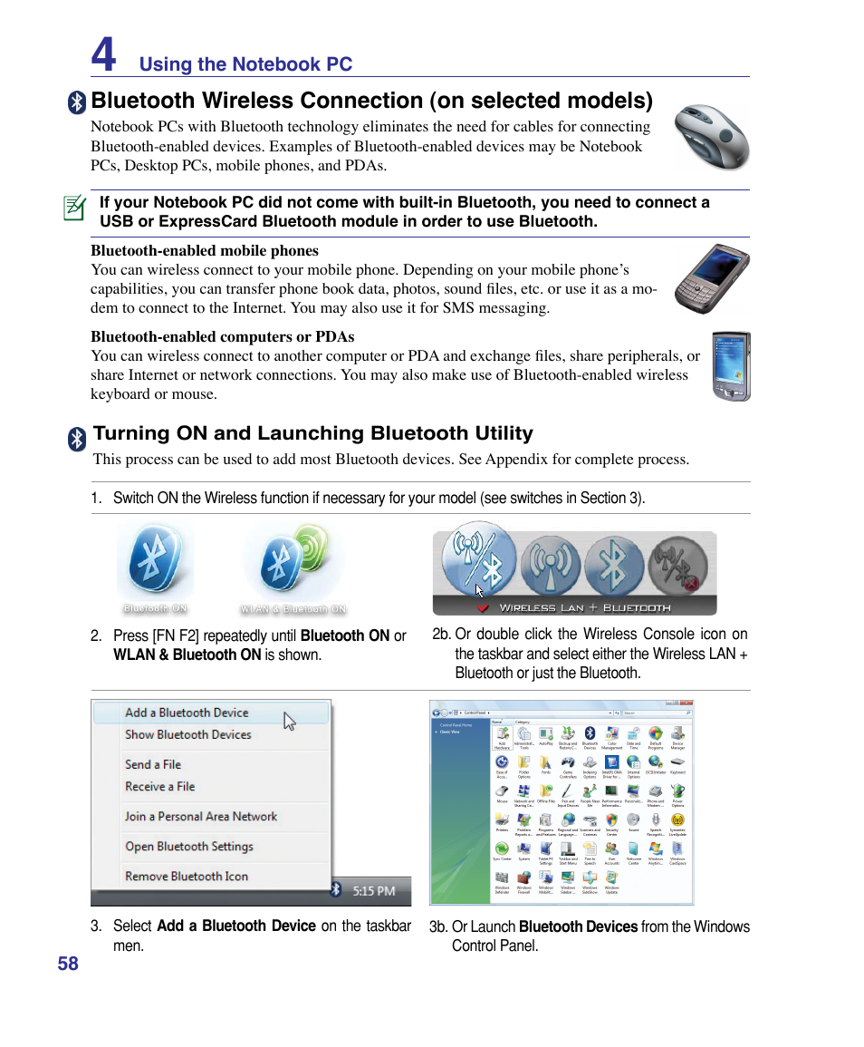 Bluetooth wireless connection (on selected models) | Asus G50VT User Manual | Page 58 / 99