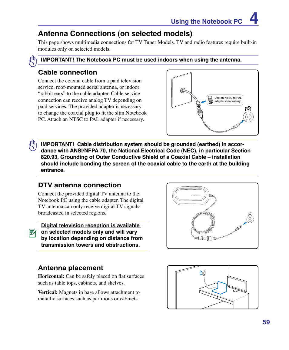 Antenna connections (on selected models) | Asus G50VT User Manual | Page 59 / 99