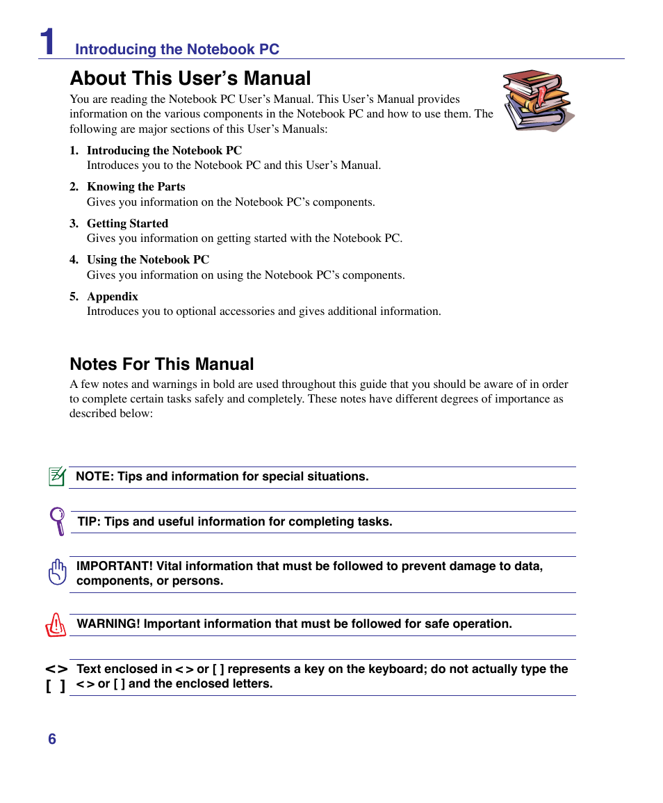 About this user’s manual, Notes for this manual | Asus G50VT User Manual | Page 6 / 99