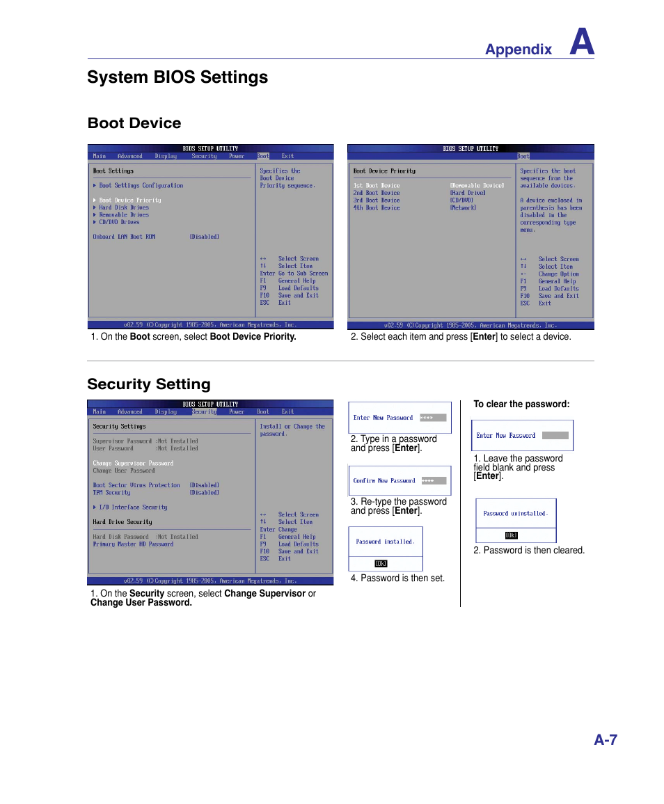 System bios settings, Appendix, Boot device | Security setting | Asus G50VT User Manual | Page 73 / 99