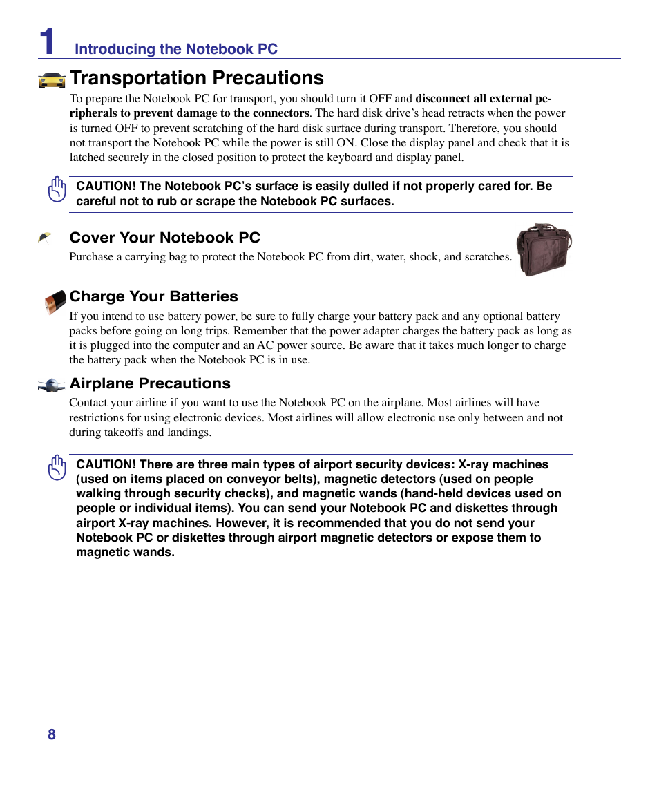 Transportation precautions | Asus G50VT User Manual | Page 8 / 99