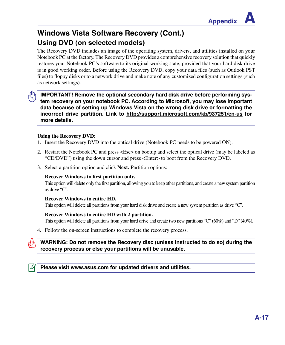 Windows vista software recovery (cont.) | Asus G50VT User Manual | Page 83 / 99