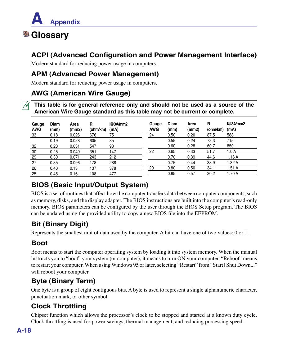 Glossary, Appendix a-18, Apm (advanced power management) | Awg (american wire gauge), Bios (basic input/output system), Bit (binary digit), Boot, Byte (binary term), Clock throttling | Asus G50VT User Manual | Page 84 / 99