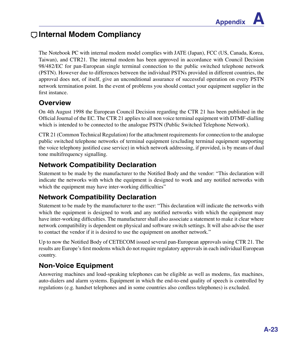 Internal modem compliancy | Asus G50VT User Manual | Page 89 / 99