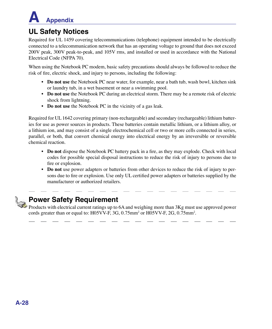 Ul safety notices, Power safety requirement | Asus G50VT User Manual | Page 94 / 99