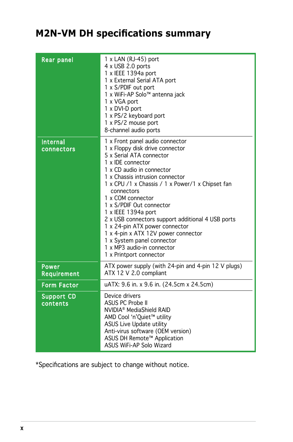 M2n-vm dh specifications summary | Asus M2N-VM DH User Manual | Page 10 / 102