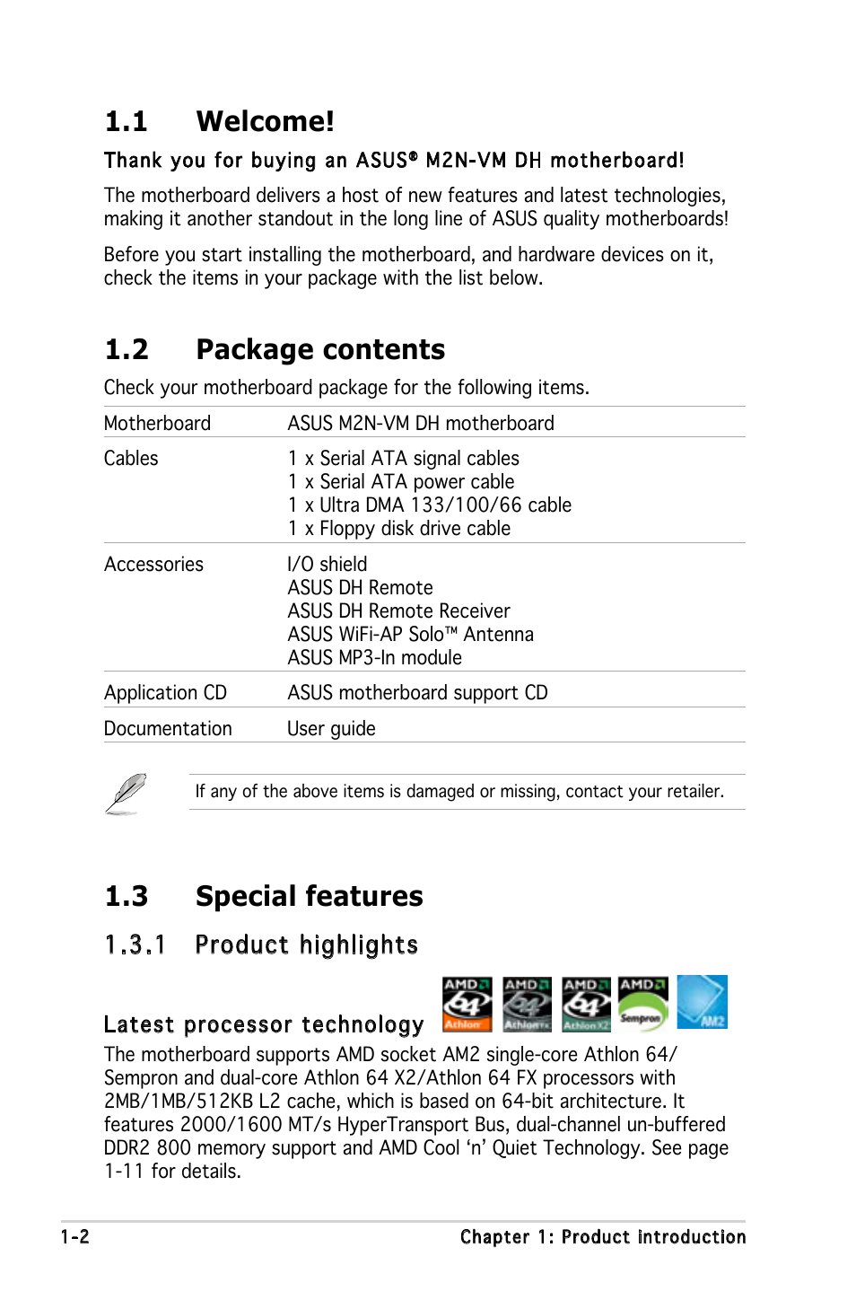 1 welcome, 2 package contents, 3 special features | 1 product highlights | Asus M2N-VM DH User Manual | Page 12 / 102