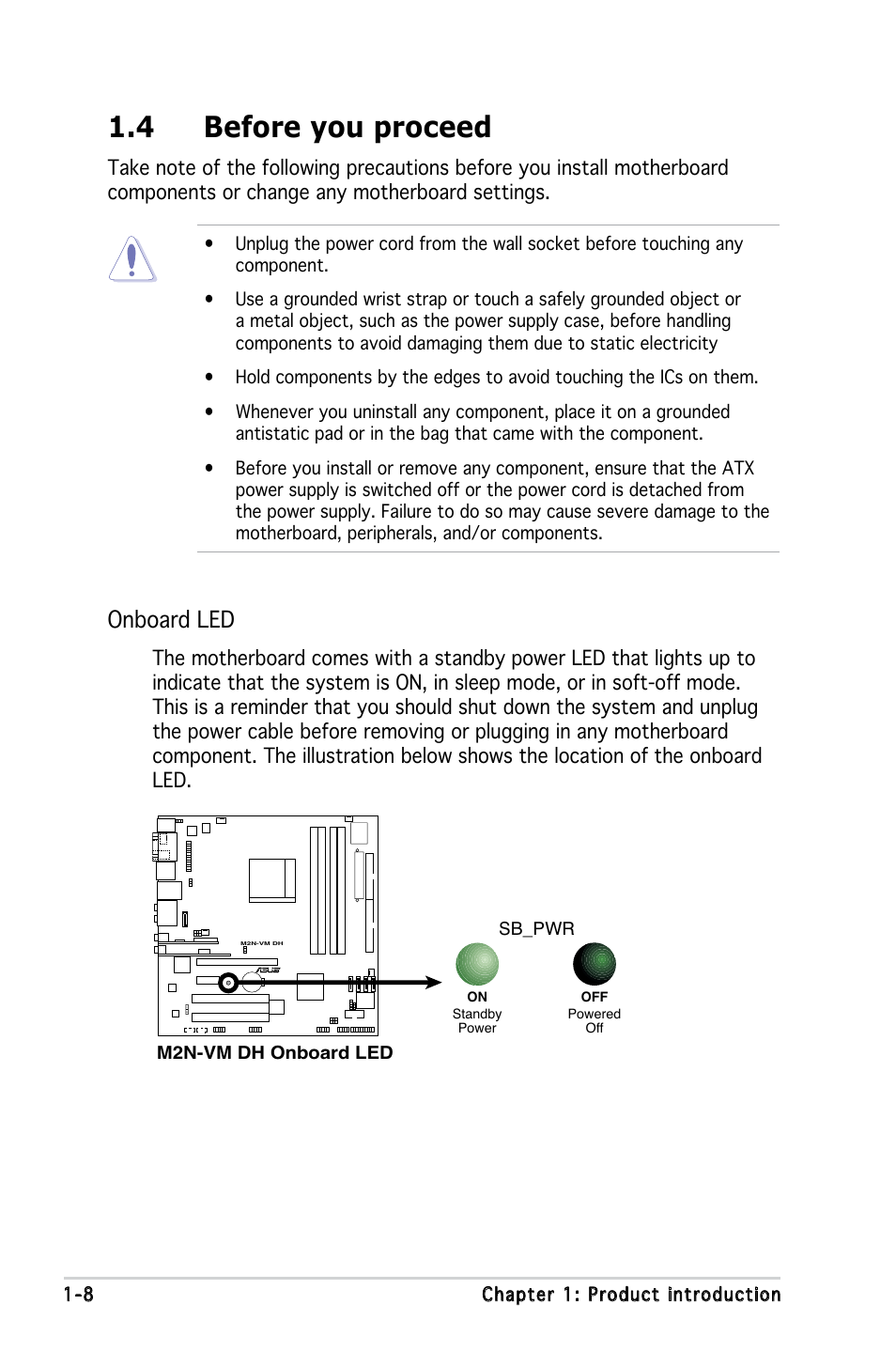 4 before you proceed, Onboard led | Asus M2N-VM DH User Manual | Page 18 / 102