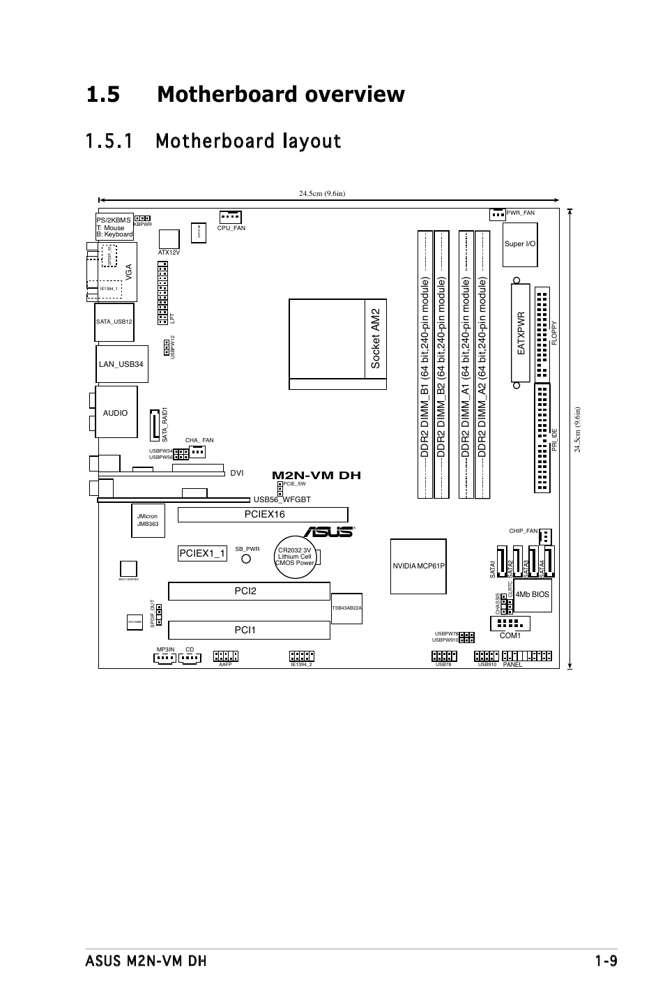 5 motherboard overview, 1 motherboard layout, Asus m2n-vm dh 1-9 | Socket am2, M2n-vm dh | Asus M2N-VM DH User Manual | Page 19 / 102