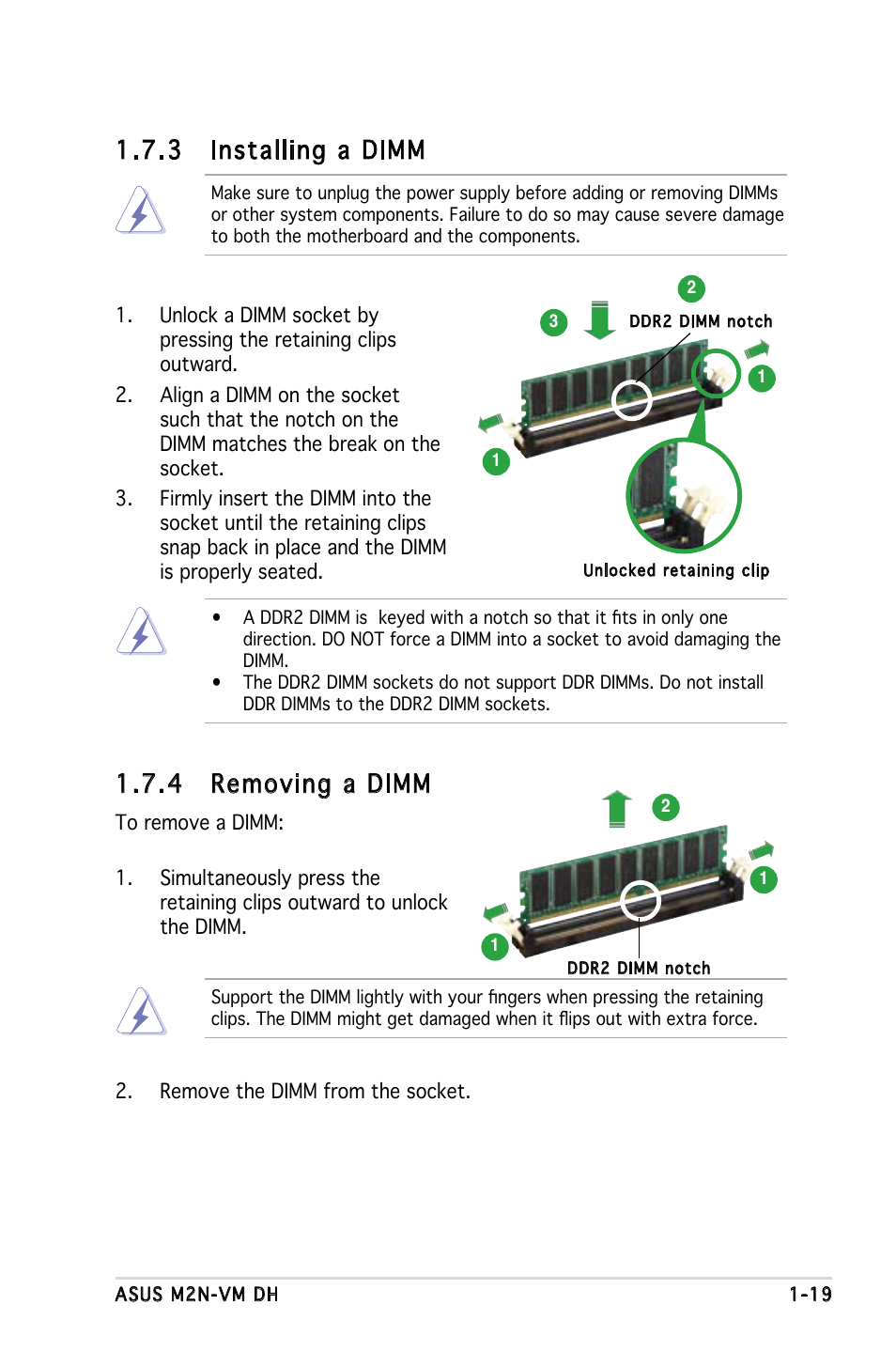 3 installing a dimm, 4 removing a dimm | Asus M2N-VM DH User Manual | Page 29 / 102