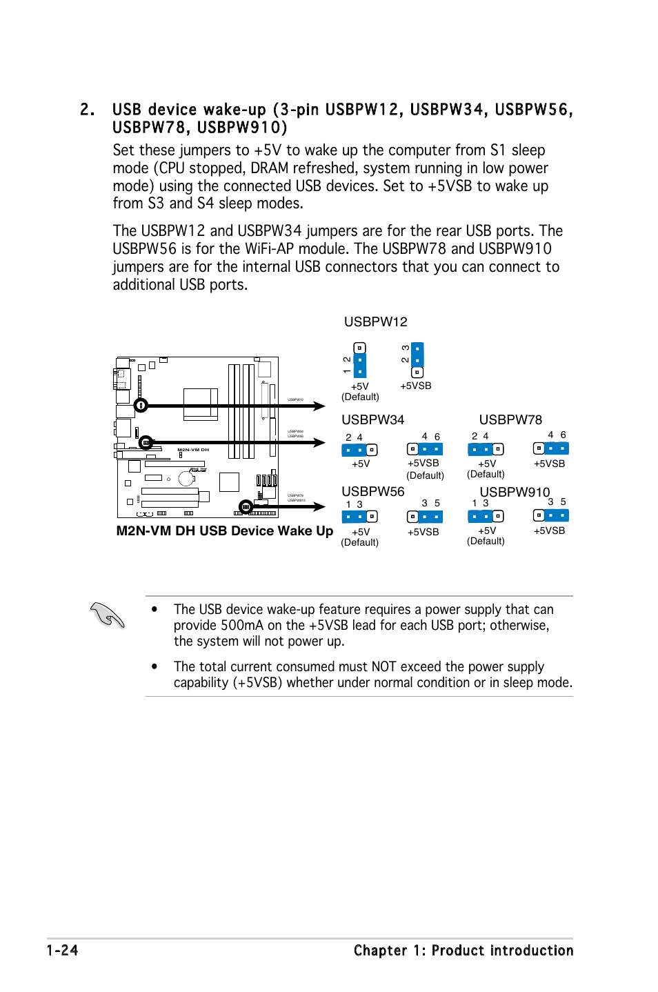 24 chapter 1: product introduction, M2n-vm dh usb device wake up, Usbpw12 | Usbpw34, Usbpw56 | Asus M2N-VM DH User Manual | Page 34 / 102