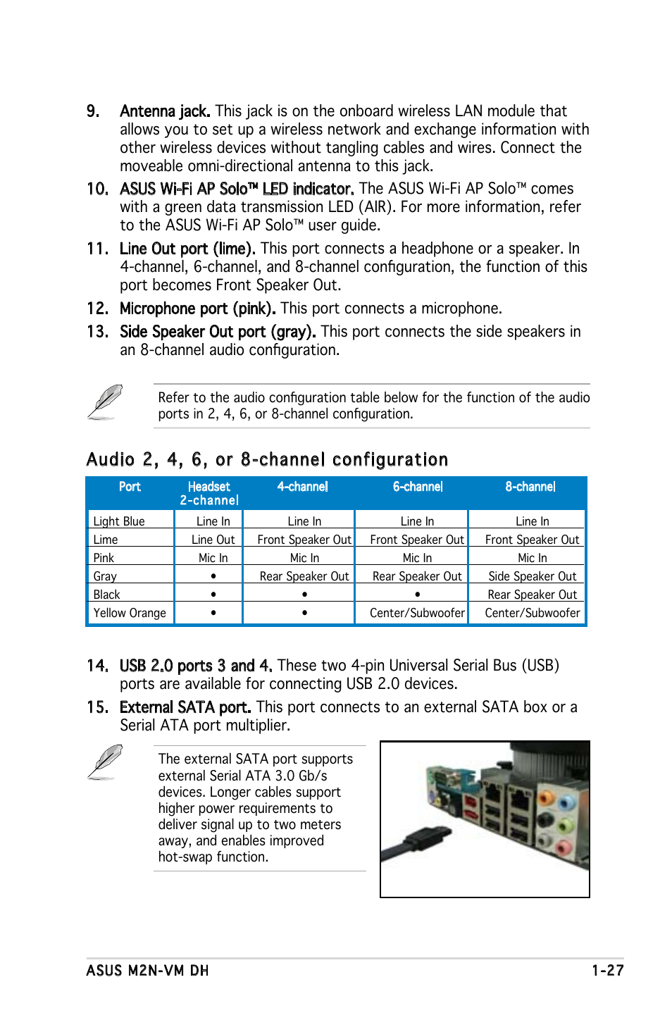 Audio 2, 4, 6, or 8-channel configuration | Asus M2N-VM DH User Manual | Page 37 / 102