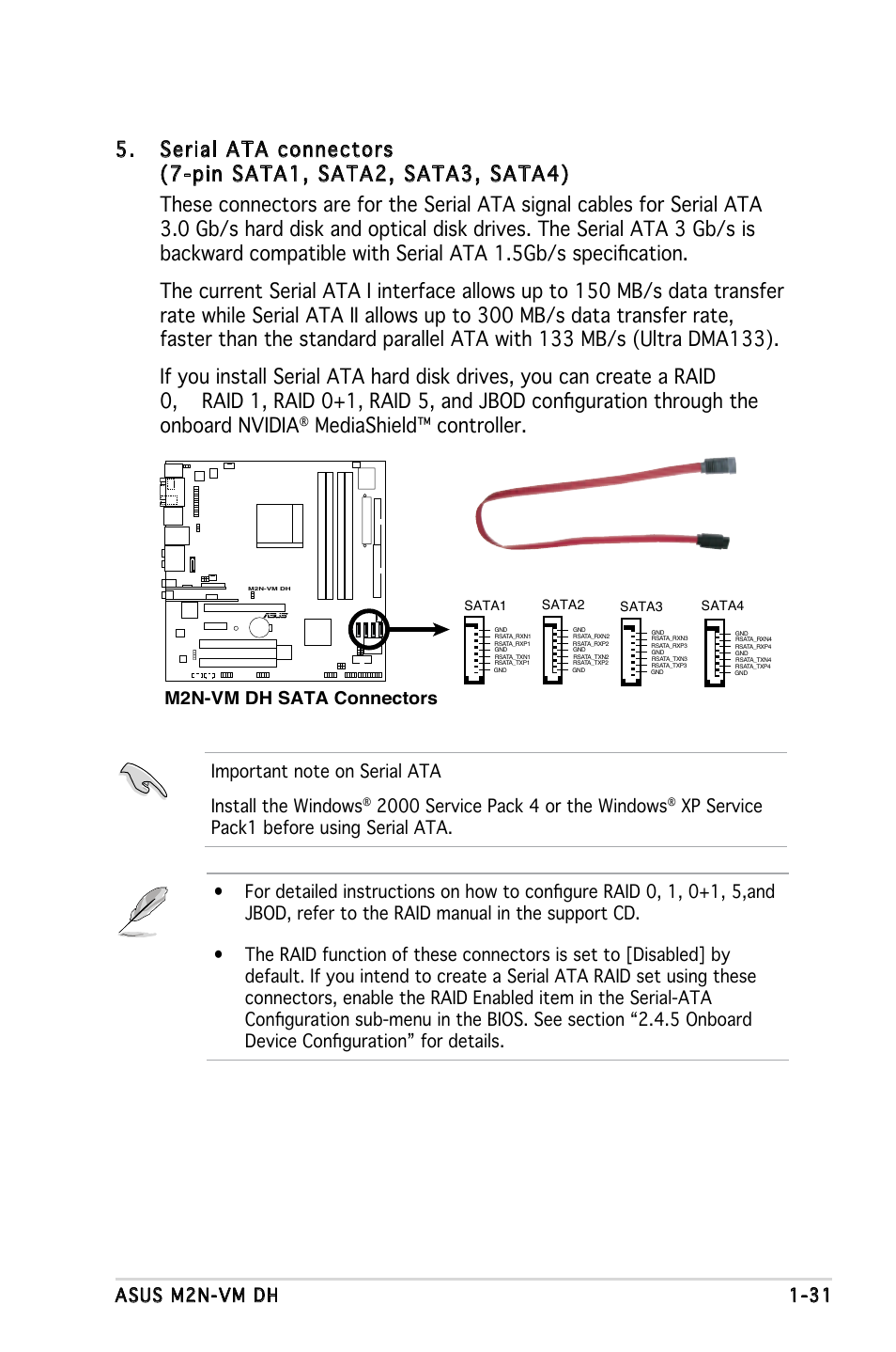 Mediashield™ controller, Asus m2n-vm dh 1-31, M2n-vm dh sata connectors | Asus M2N-VM DH User Manual | Page 41 / 102