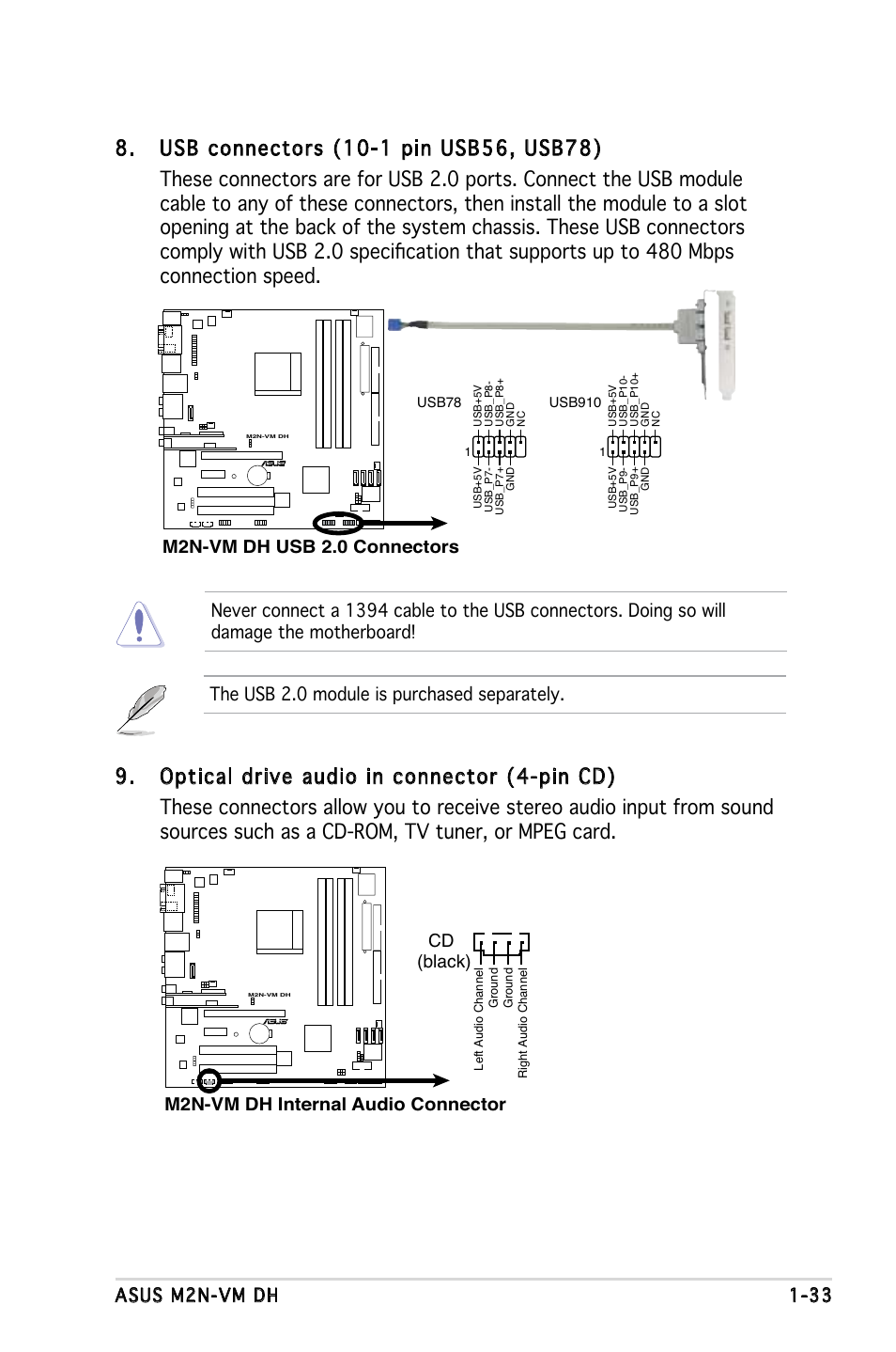 The usb 2.0 module is purchased separately, M2n-vm dh usb 2.0 connectors, M2n-vm dh internal audio connector cd (black) | Asus M2N-VM DH User Manual | Page 43 / 102