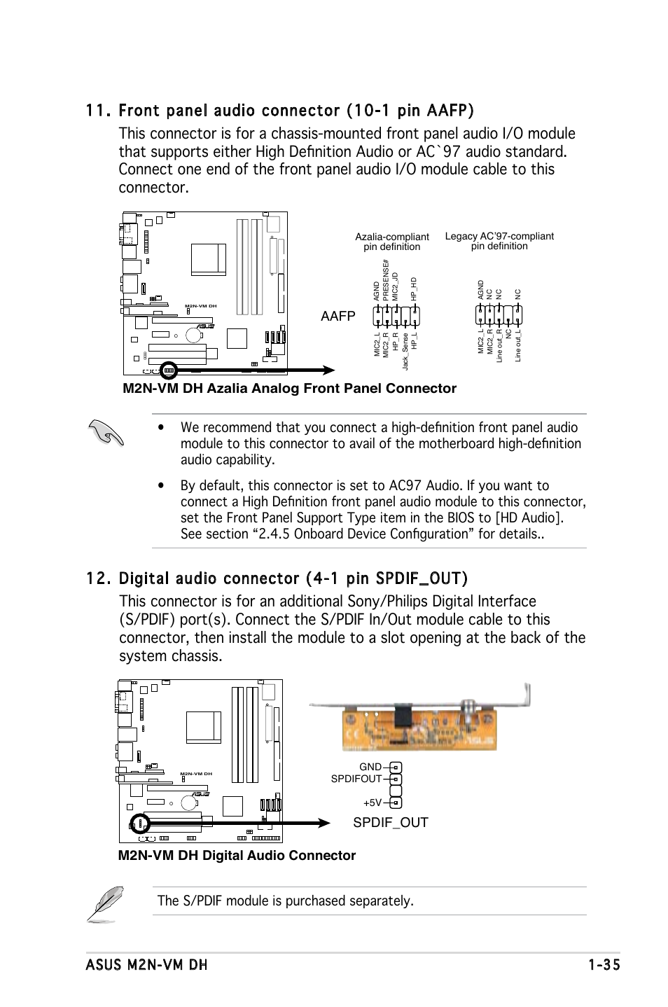 Asus m2n-vm dh 1-35, M2n-vm dh azalia analog front panel connector, Aafp | The s/pdif module is purchased separately, M2n-vm dh digital audio connector, Spdif_out | Asus M2N-VM DH User Manual | Page 45 / 102