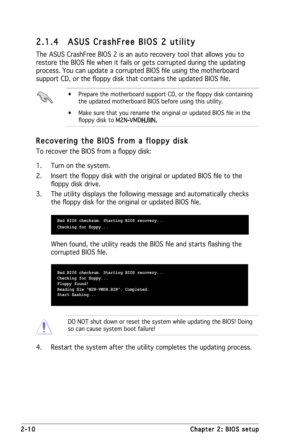 4 asus crashfree bios 2 utility, Recovering the bios from a floppy disk | Asus M2N-VM DH User Manual | Page 58 / 102