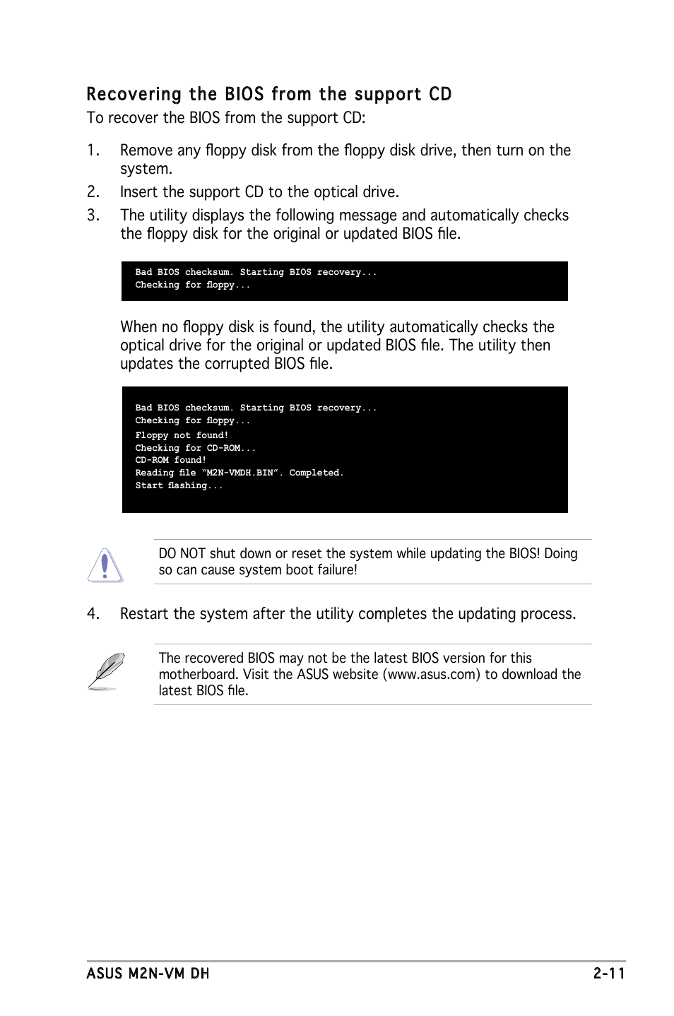 Recovering the bios from the support cd | Asus M2N-VM DH User Manual | Page 59 / 102