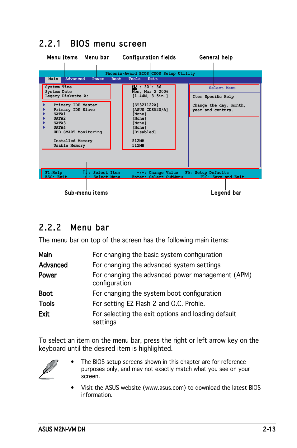 1 bios menu screen, 2 menu bar | Asus M2N-VM DH User Manual | Page 61 / 102