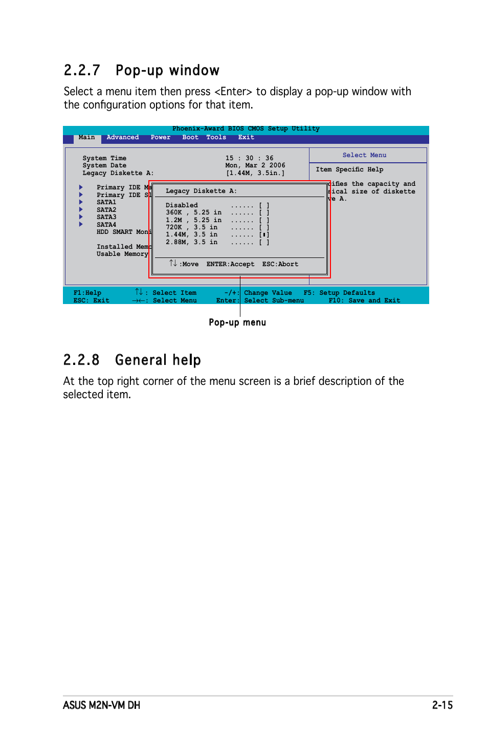 7 pop-up window, 8 general help, Asus m2n-vm dh 2-15 | Asus M2N-VM DH User Manual | Page 63 / 102