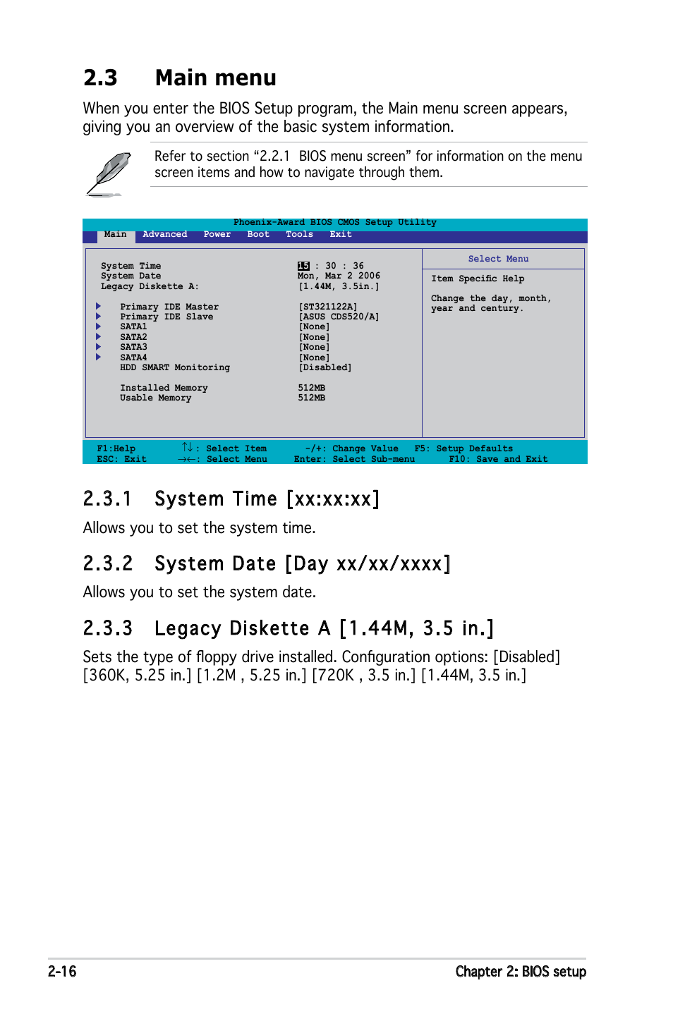 3 main menu, 1 system time [xx:xx:xx, Allows you to set the system time | Allows you to set the system date | Asus M2N-VM DH User Manual | Page 64 / 102