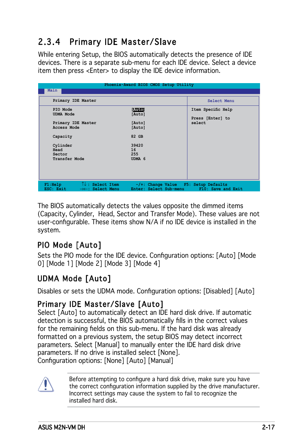 4 primary ide master/slave, Pio mode [auto, Udma mode [auto | Primary ide master/slave [auto | Asus M2N-VM DH User Manual | Page 65 / 102